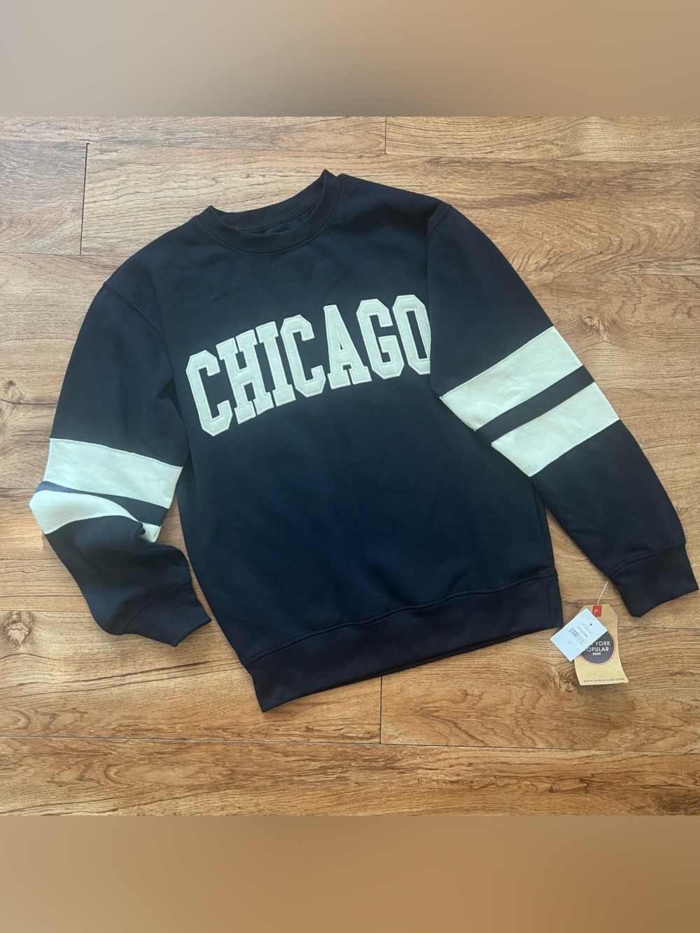 Navy and Cream Varsity Crewneck Sweatshirt with Collegiate Style Chicago NWT